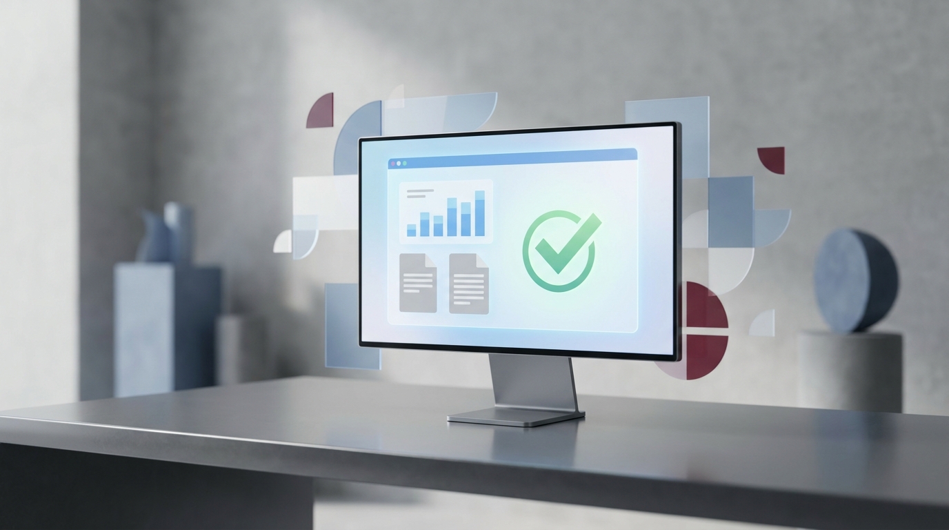 A sleek computer monitor symbolizing the digital transformation of Austrian tax systems, with simplified icons for data and a checkmark for compliance.