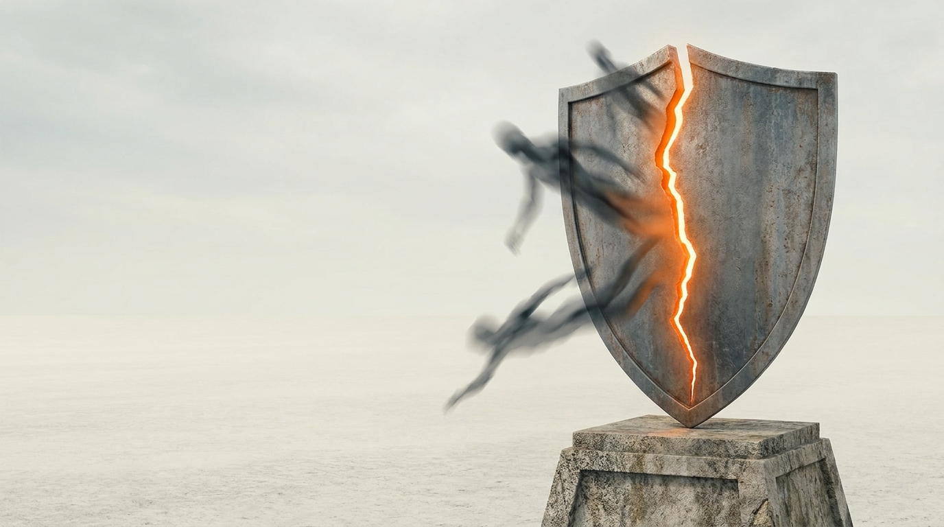 A symbolic image of a cracked shield, representing the failure to prevent fraud as threats bypass weakened defenses.