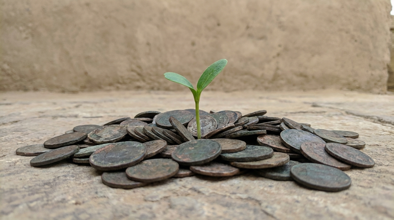 A green sprout growing from a pile of old coins, symbolizing financial recovery and new beginnings.