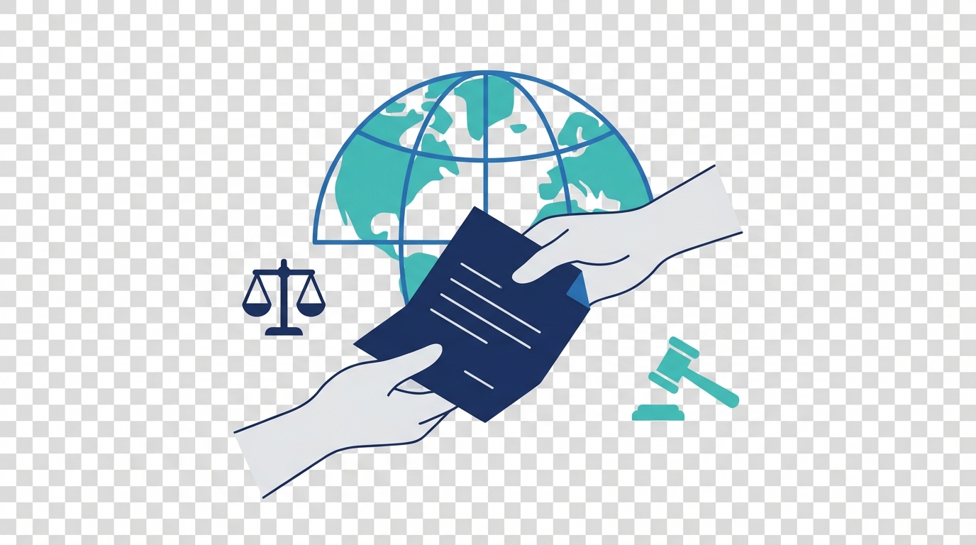 Two hands exchanging a contract in front of a stylized globe, symbolizing an international agreement.