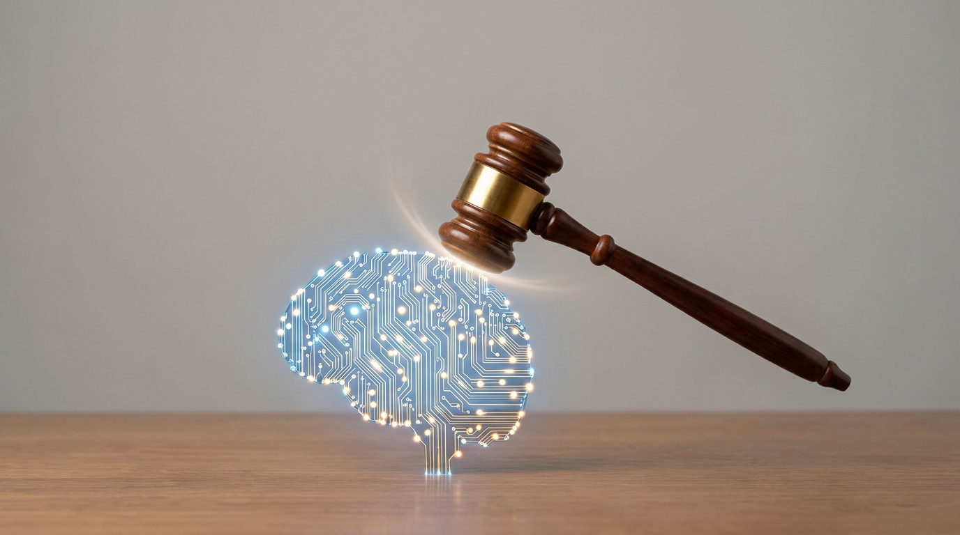 A symbolic image representing the integration of artificial intelligence in the legal system, with a gavel and a digital brain.